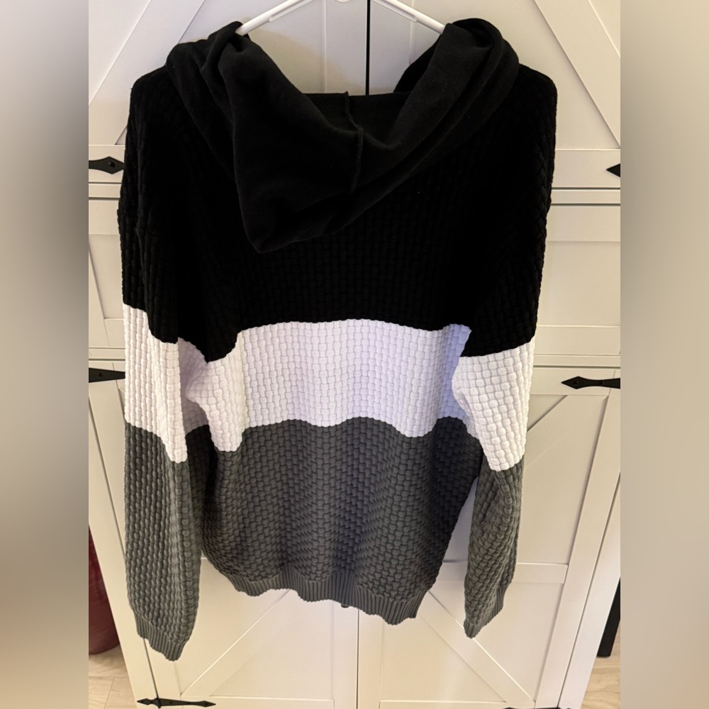 Colorblock Hooded Sweater - Black, White, Gray - XXL